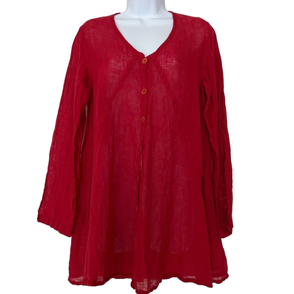 Flax Button Front Tunic Swing Top Red Linen Long … - image 1